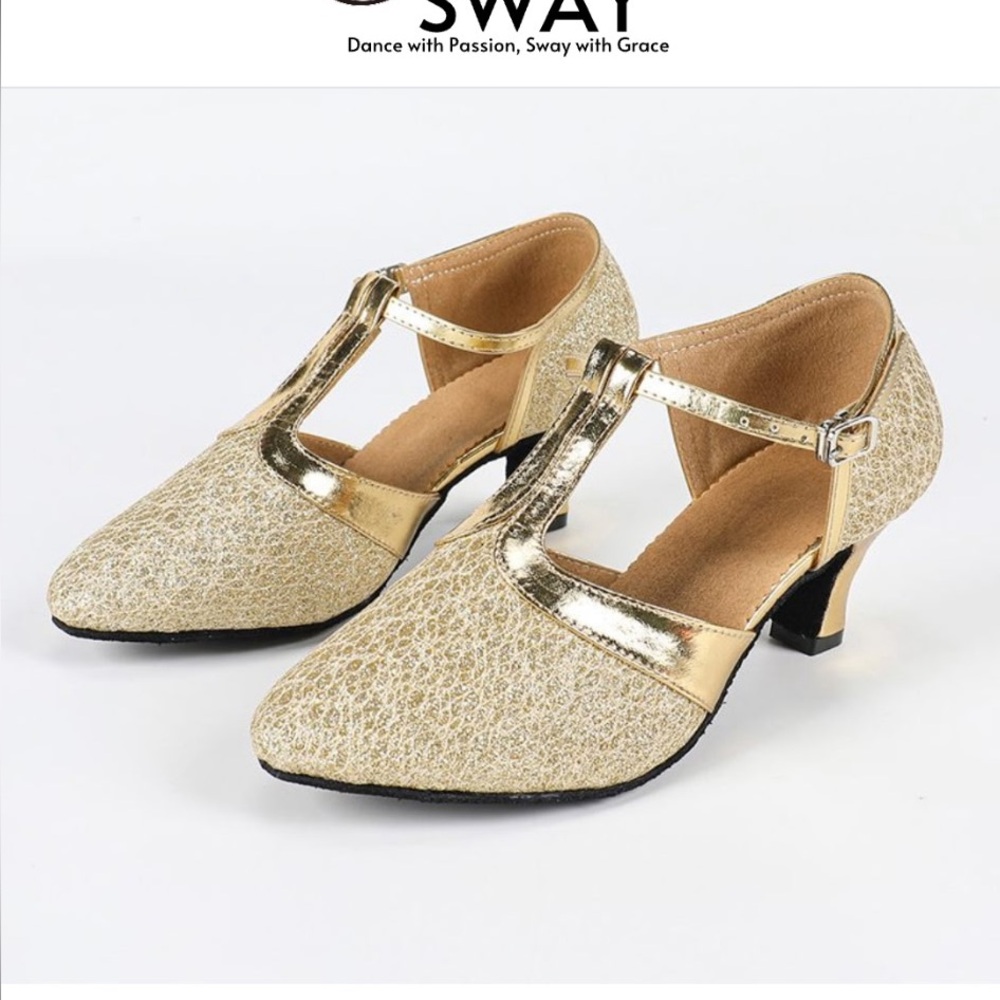 💃✨ DanceAndSway NWT NIB Gold Ballroom Heels | Gatsby Glam Statement Shoes 🏛️🌟